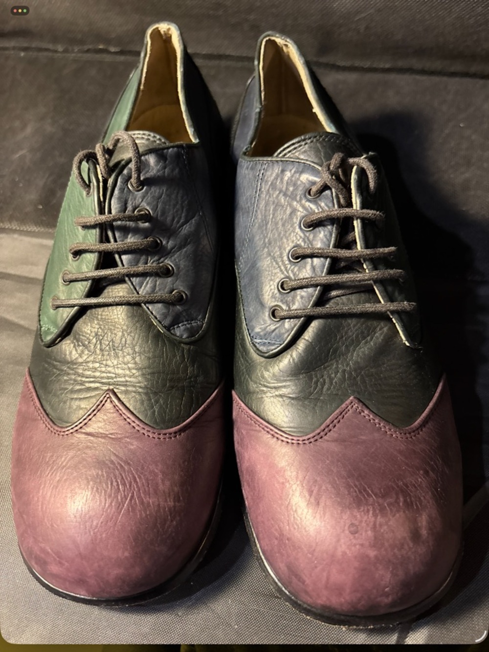 RARE VINTAGE Colorblock clown design Leather Lace-Up Flats - Purple, Green, Blue